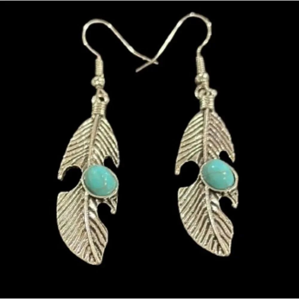 Silver Tone Feather Earrings with Faux Turquoise Accents, Western Style